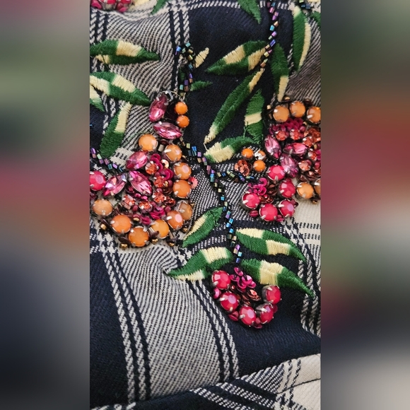 Zara Small Plaid Floral Embroidered Beaded Pearl Snap Button Down Shirt/Blouse - Picture 13 of 13